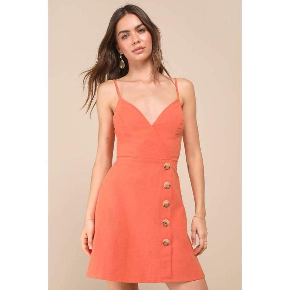 Lulus Sweet Breeze Orange Surplice Button-front Mini Dress - Size S